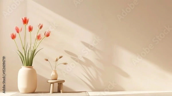 Obraz Minimalist floral scene featuring tulips in a vase and dried plants on a stool, soft light. AI generative..