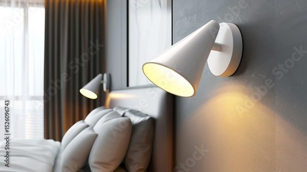 Obraz Illuminated sconces accent a modern bedroom with a gray wall, white bedding, and dark curtains. AI generative..