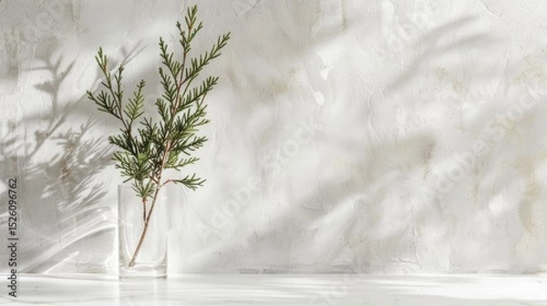 Obraz Minimal white backdrop with plant sprig in glass, light and shadow play. AI generative..