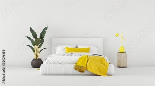 Obraz White bedroom setup with bright yellow accents, a plant, and a light on a small table. AI generative.