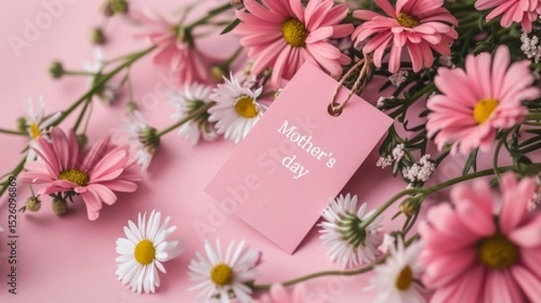 Obraz Pink backdrop with "Mother's day" tag, daisy flowers, floral elements. AI generative.