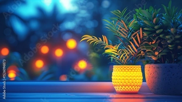 Obraz Indoor plants sit by a window at night. The yellow pot glows. Bokeh lights sparkle. AI generative.