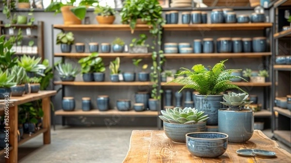Obraz Indoor plant shop scene with shelves, pots, succulents, and greenery on a wooden table. AI generative.