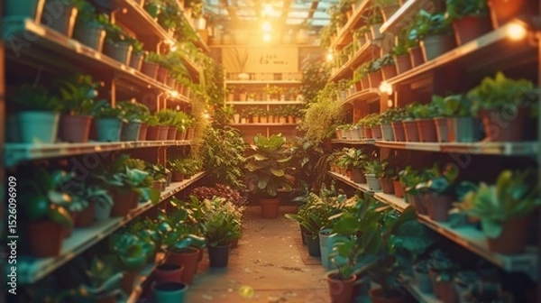 Obraz Shelves filled with potted green plants in warm light. Indoor plants, greenery, cozy vibe. AI generative.