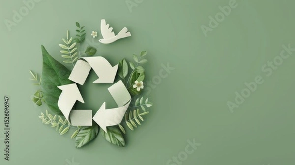 Obraz Sage background with arrows recycle symbol, green leaves, a white flower and bird. AI generative.