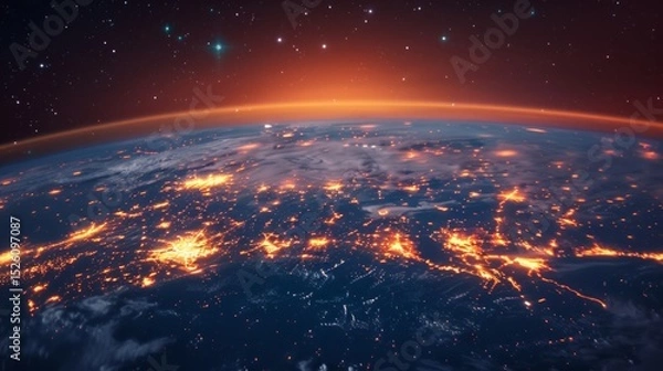 Obraz Earth view from space showing city lights, horizon glow, and starry sky above. AI generative.