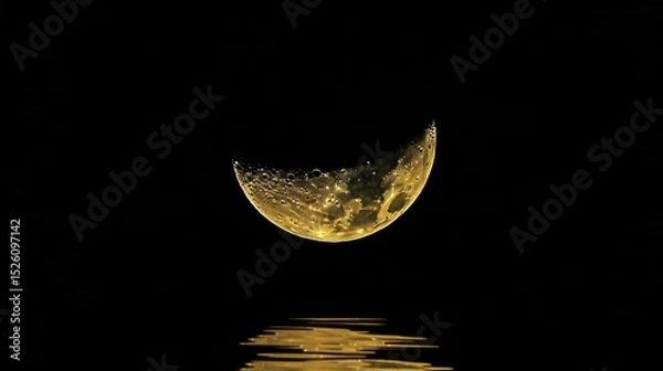 Fototapeta Golden crescent reflected on a dark surface. Celestial and luminous, with detailed texture. AI generative..