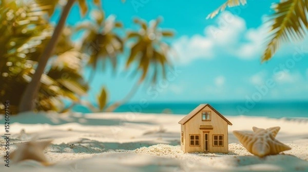 Obraz Miniature house on a sandy beach with palm trees and turquoise ocean. Starfish details. AI generative.
