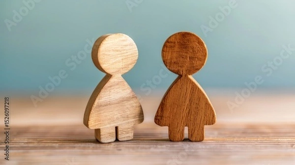 Obraz Two wooden figures of persons stand on a wood surface against a blue backdrop. AI generative.