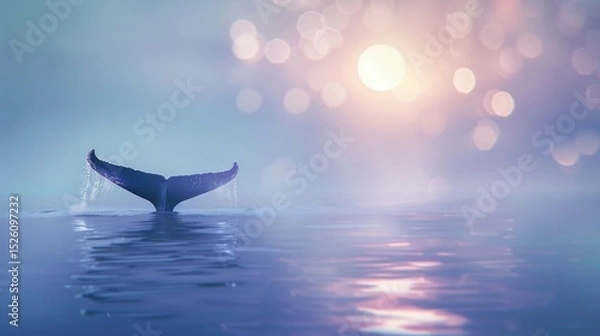 Fototapeta Ocean view featuring a rising mammal tail in calming waters, bokeh lights shimmer. AI generative.