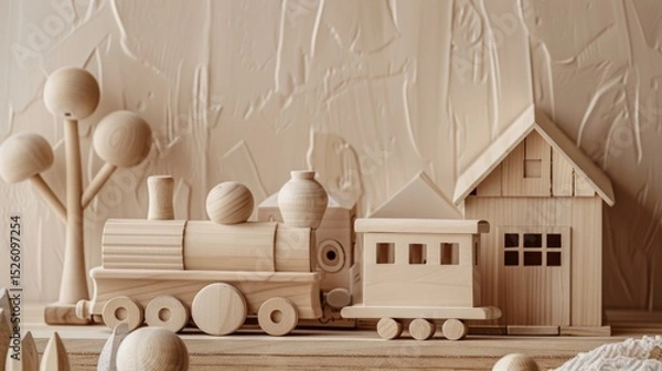 Obraz Wooden toy train, house and tree on textured beige background. Minimalist still life. AI generative.