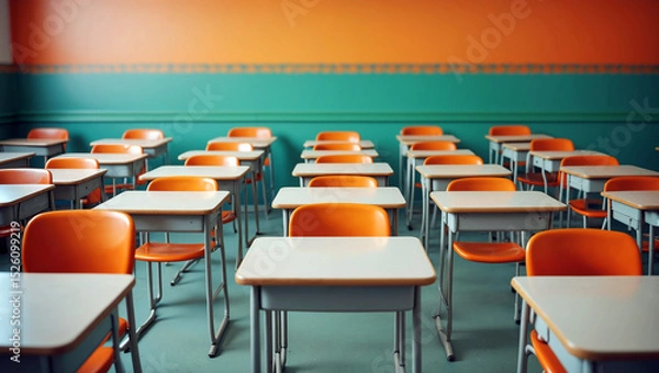 Obraz Brightly colored classroom features orange chairs and empty desks, creating a serene atmosphere for learning in the morning light. Education and back to school concept. Generative AI.