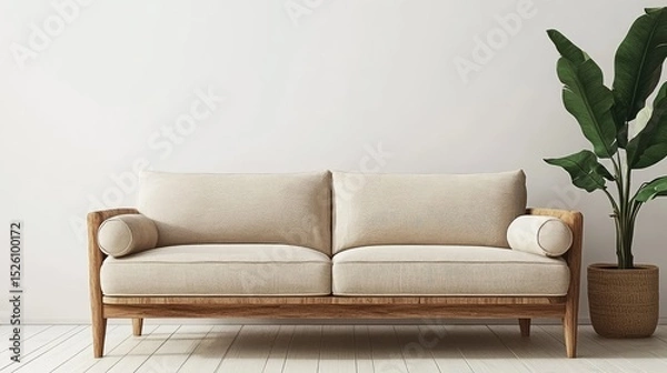 Fototapeta Scandinavian-style minimalist sofa in warm neutral color on clean wooden floor