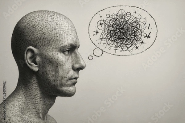 Obraz A stylized bald figure contemplates a swirling mess of thoughts, reflecting internal mental chaos, confusion, and emotional overload.