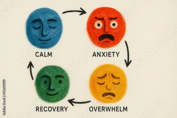 Obraz A diagram of colorful faces illustrates the emotional cycle from calm to anxiety, overwhelm and recovery in a visual therapeutic concept.