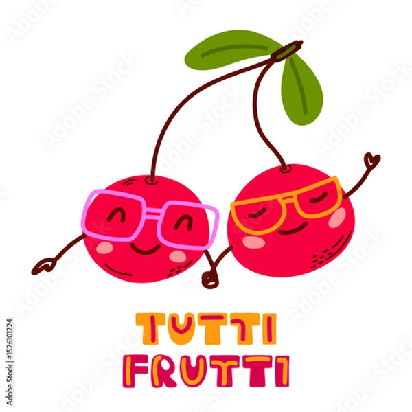 Fototapeta Cute cherry characters with glasses and smiling faces. Tutti Frutti. Great for kids, summer, prints, and playful designs.