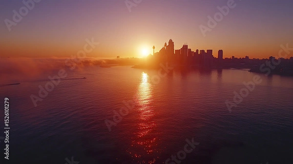 Fototapeta Stunning sunrise over city skyline reflecting on calm waters, creating serene atmosphere