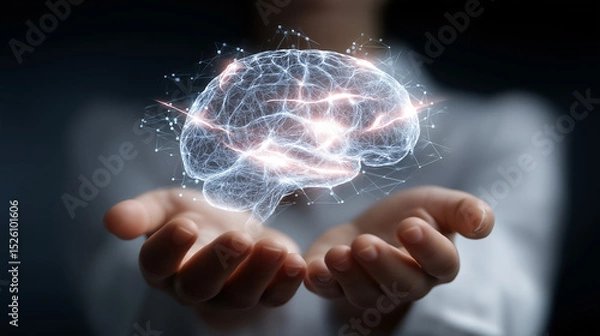 Obraz Futuristic artificial intelligence concept featuring holographic glowing brain above doctor's hands. Tech medical interface with dark background. Innovation and science theme