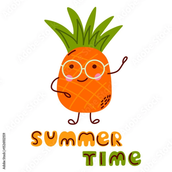 Fototapeta Funny cartoon pineapple with glasses. Summer Time text. Design for kids, tropical themes, greeting cards, prints, or summer decorations