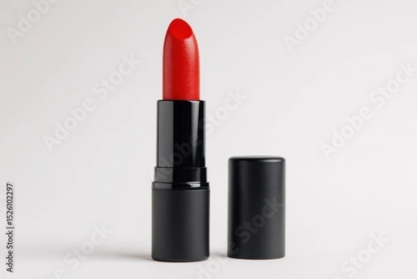 Fototapeta Red lipstick with open cap on white