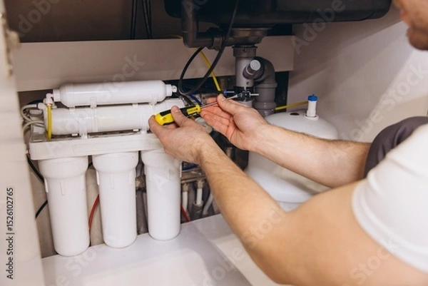 Obraz Plumber Installing Water Filter System Under Kitchen Sink