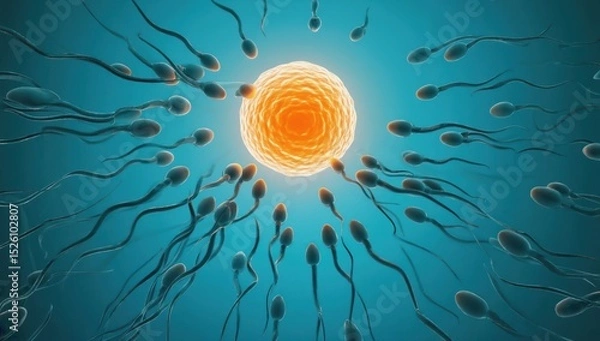 Obraz Sperm cells race toward a vibrant egg in a symbolic scientific image representing fertilization, reproduction, and life’s origin.