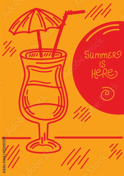 Fototapeta Tropical cocktail with umbrella and straw. Minimal line art print. Bright red and orange summer design. Summer is Here. For posters, cards, or seasonal decor.