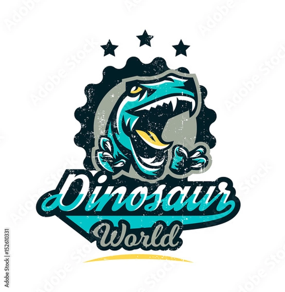 Fototapeta Design for printing on a T-shirt, aggressive dinosaur ready for attack. Jurassic period, predator of antiquity, sport style. Vector illustration, grunge effect