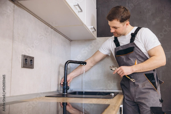 Obraz Plumber checking water flow after installing kitchen faucet
