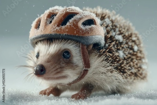 Fototapeta A quirky hedgehog in spiked biking helmet racing through snow on solid white background, speedy and cute, frosty competition scene.