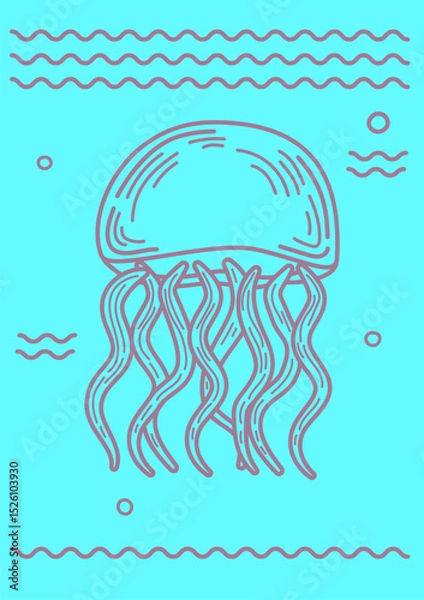 Fototapeta Minimal jellyfish line art on blue background. Simple and modern marine design. For summer cards, kids prints, beach-themed decor, or ocean projects