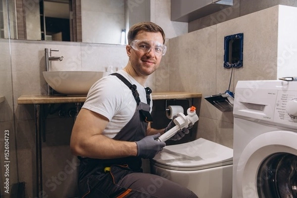 Obraz Professional plumber working on toilet fixture in modern bathroom