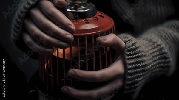 Fototapeta Hands in warm sweater holding a portable gas heater, symbolizing cold weather, survival, and warmth during winter or power outage.

