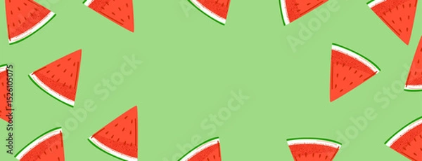 Fototapeta Fresh watermelon summer background with slices on a green backdrop for banners, posters, and summer-themed designs
