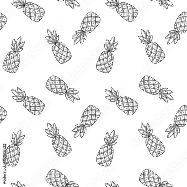 Fototapeta Hand-drawn outline pineapples black and white seamless pattern. Simple fruit sketch style on white background for fabric, wrapping paper, and decor