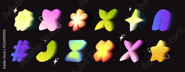 Fototapeta Vibrant y2k gradient icons with soft aura glow on black. Heart and flower, star, hashtag and abstract shapes in neon colors. Nostalgic digital elements for retro futuristic design aesthetics.
