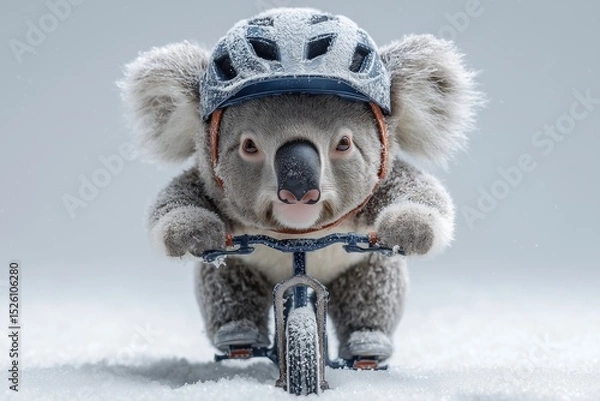 Fototapeta A quirky koala in fuzzy biking helmet pedaling through snow on solid white background, relaxed yet determined, cold-weather race.