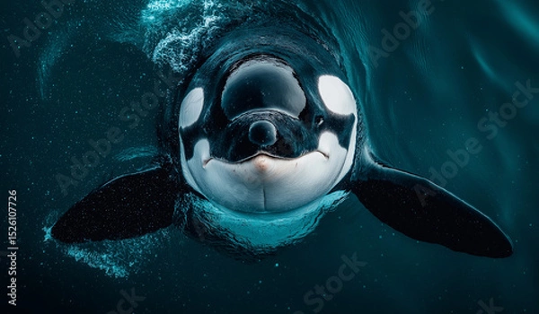 Obraz AI generator images of Killer Whales, majestic orca leaps from the ocean, surrounded by shimmering water droplets , orca and dolphin jump in the blue ocean, showcasing the marine mammals' powerful fin
