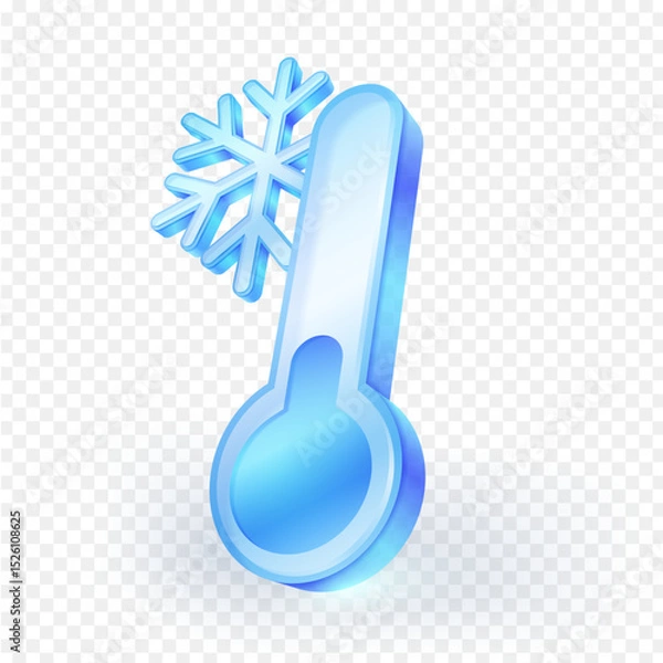 Fototapeta Glossy blue cold temperature 3d icon with a snowflake symbol, representing winter, freezing, or cool conditions. Isolated on transparent background. Vector Illustration.