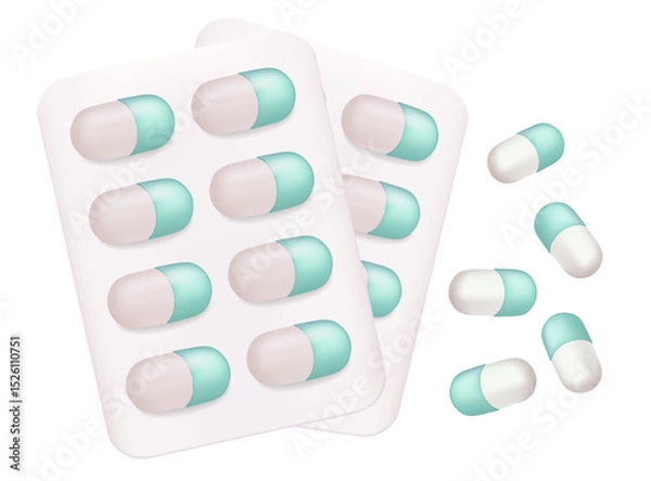 Obraz Capsule tablets in a blister. 3d vector medicine icon vector render illustration and health care. Medical symbol