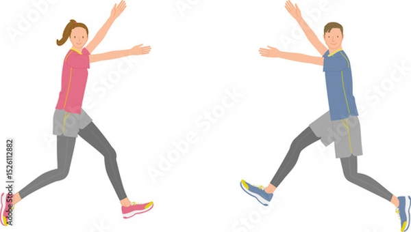 Obraz スポーツイメージ：両手を上げてジャンプする笑顔の若い男女セット