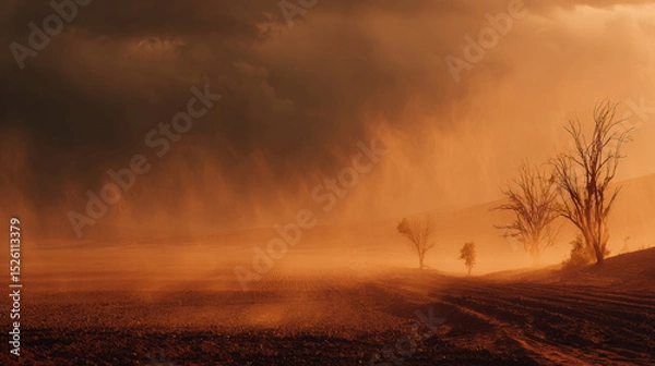 Fototapeta A cinematic depiction of a burnt rural landscape devastated by extreme drought.  Generative AI
