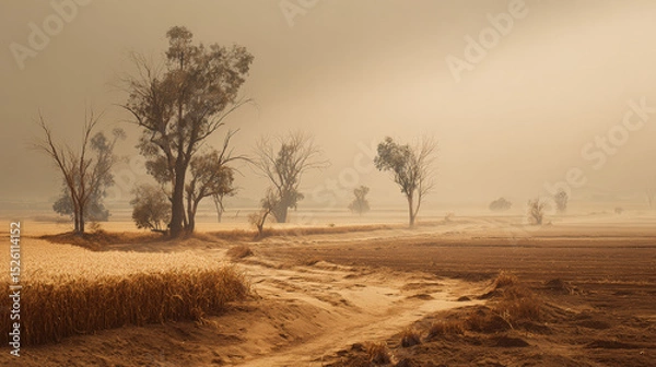 Fototapeta A cinematic depiction of a burnt rural landscape devastated by extreme drought.  Generative AI