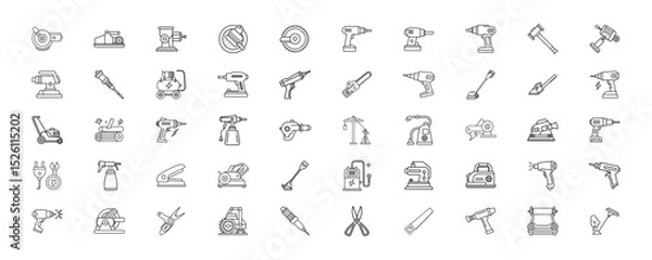Obraz Collection of various power tools and construction equipment line art icons in black and white
