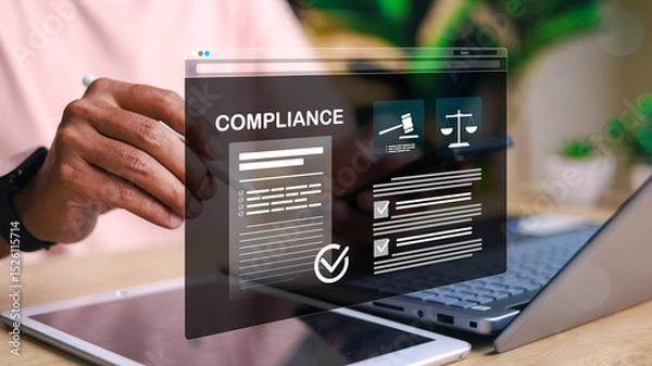 Fototapeta Digital compliance interface showing checklist, legal icons, and document validation on tablet screen. Ideal for governance, audit, regulation, and risk management concepts.