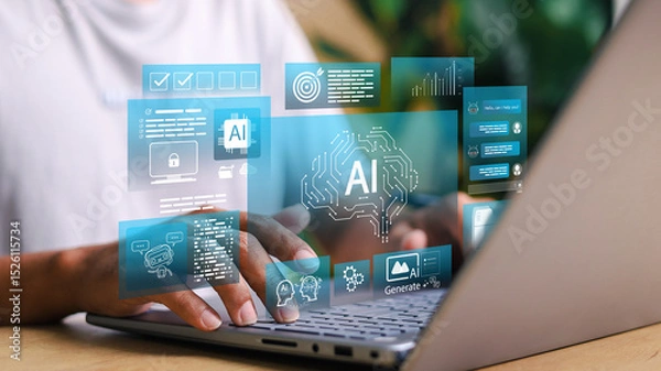 Fototapeta Artificial Intelligence (AI) system interface on laptop screen with chatbots, analytics, content generation, and automation icons. Business technology and digital workflow.