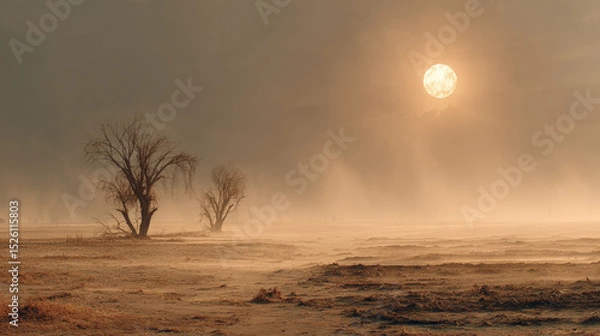 Fototapeta A cinematic depiction of a burnt rural landscape devastated by extreme drought.  Generative AI