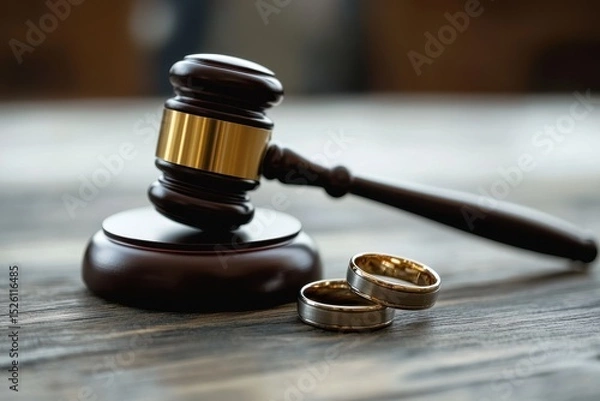 Fototapeta Judge gavel beside two wedding rings signifies the end of a marriage during a divorce proceeding in a courtroom setting