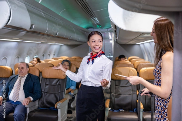Fototapeta Flight attendant is welcoming and checking passenger boarding pass in business class and show the way to her seat for airplane flight and airline transportation