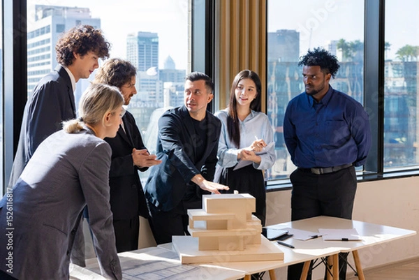 Fototapeta Team of architect, engineer and businessman having meeting on new property and real estate development project over the design and safety for modern living space in urban downtown